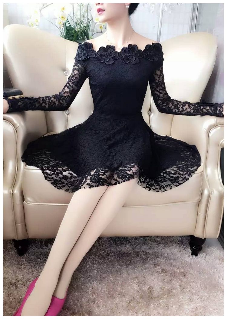 2018 Spring Summer Women Dresses Sexy Slash Neck Floral Lace Dress Female High Waist Long Sleeve A-Line Dress Party Vestidos 821