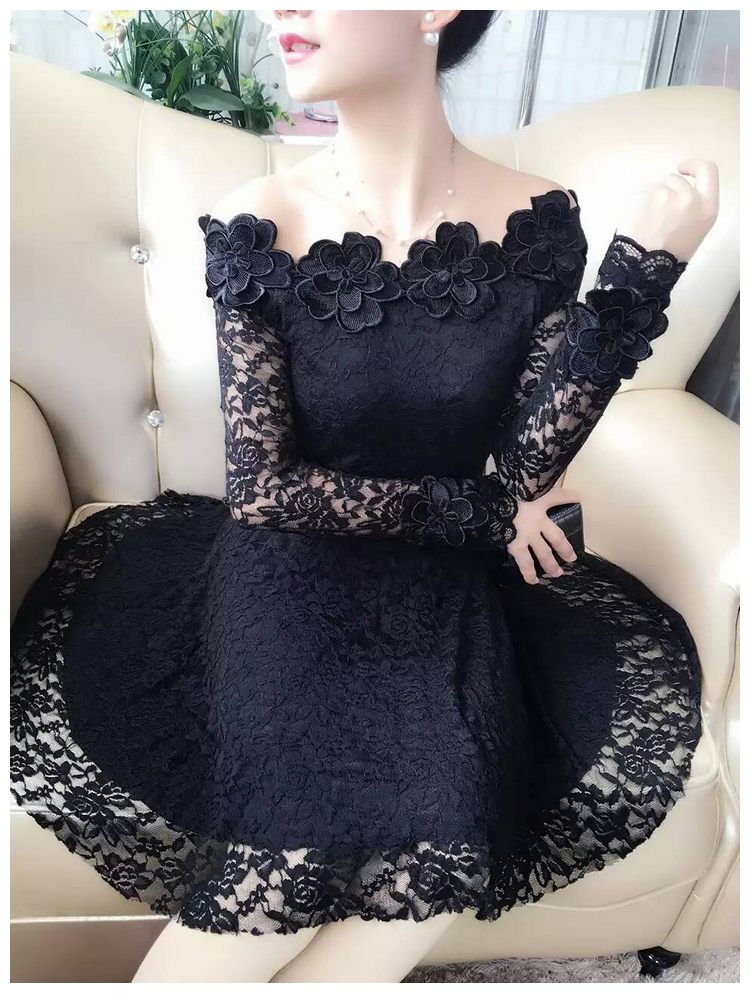 2018 Spring Summer Women Dresses Sexy Slash Neck Floral Lace Dress Female High Waist Long Sleeve A-Line Dress Party Vestidos 821