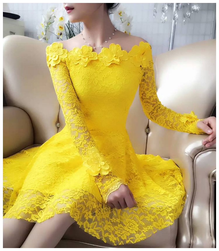 2018 Spring Summer Women Dresses Sexy Slash Neck Floral Lace Dress Female High Waist Long Sleeve A-Line Dress Party Vestidos 821