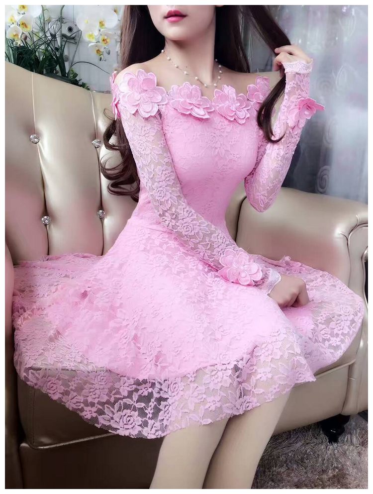 2018 Spring Summer Women Dresses Sexy Slash Neck Floral Lace Dress Female High Waist Long Sleeve A-Line Dress Party Vestidos 821