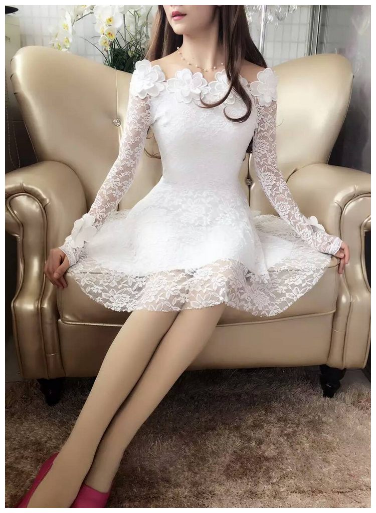 2018 Spring Summer Women Dresses Sexy Slash Neck Floral Lace Dress Female High Waist Long Sleeve A-Line Dress Party Vestidos 821