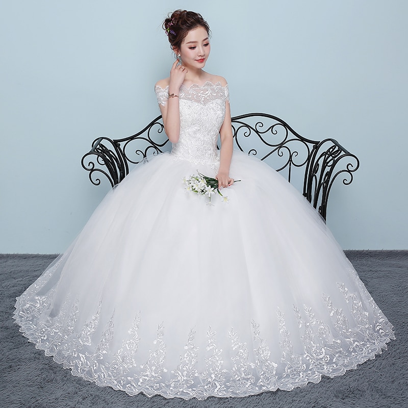 XXN-070#Ball Gown Boat Neck Plus Size Lace Up White Wedding Dress Embroidered Lace On Net Wholesale Long Women Dresses Custom