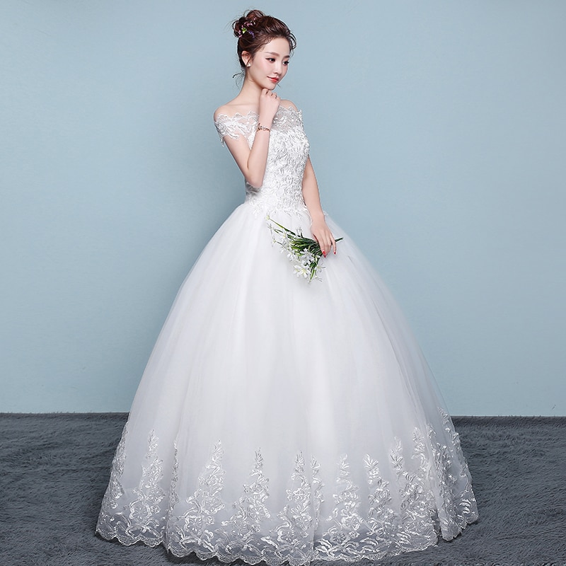 XXN-070#Ball Gown Boat Neck Plus Size Lace Up White Wedding Dress Embroidered Lace On Net Wholesale Long Women Dresses Custom