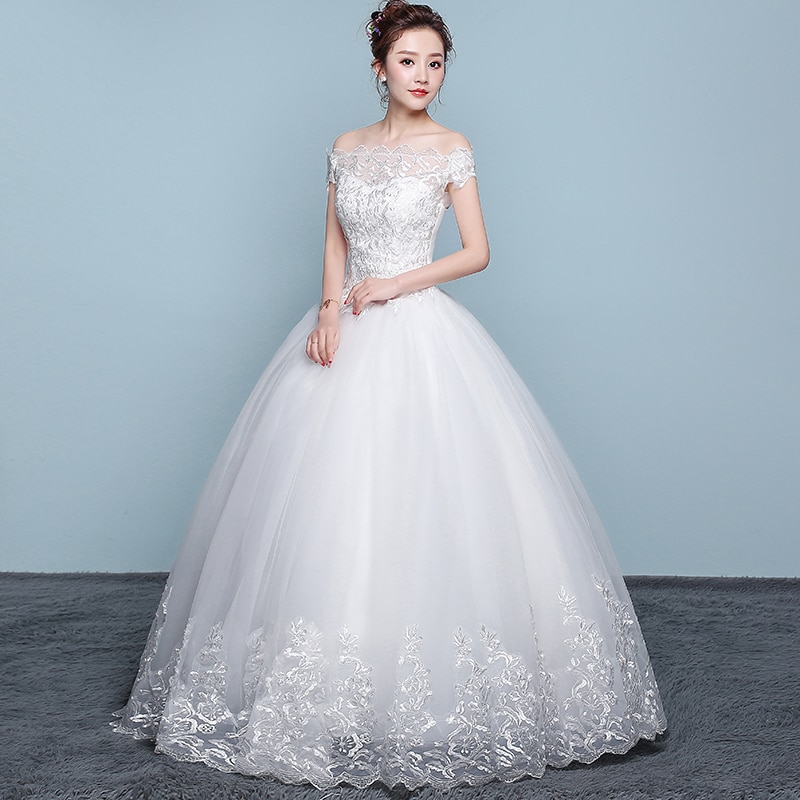 XXN-070#Ball Gown Boat Neck Plus Size Lace Up White Wedding Dress Embroidered Lace On Net Wholesale Long Women Dresses Custom