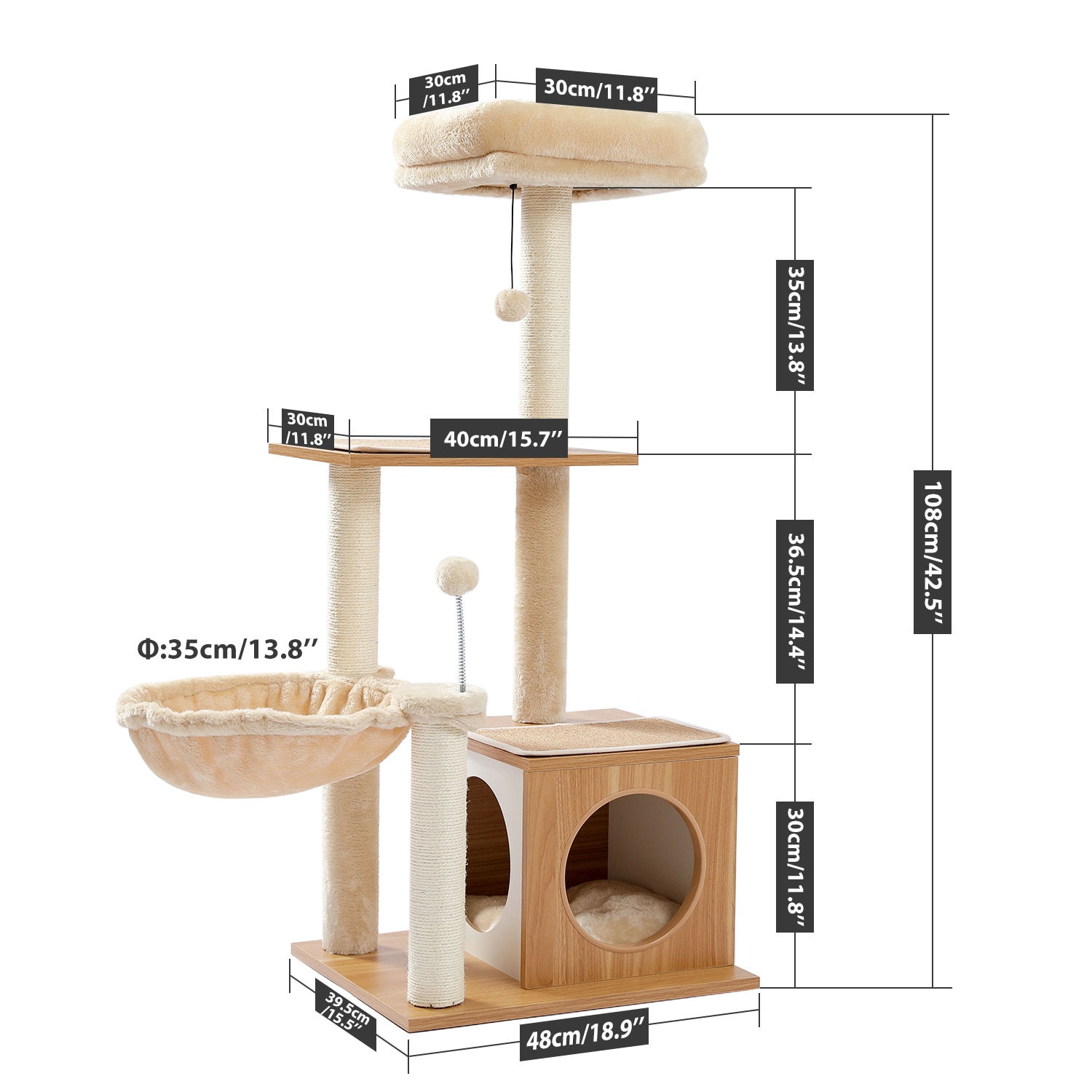 NEW Wood Cat Tree Multilevel Cat Towel with Sisal Scratching Posts Modern Rest House Condo Spacious Hammock Cozy Top Perch and B