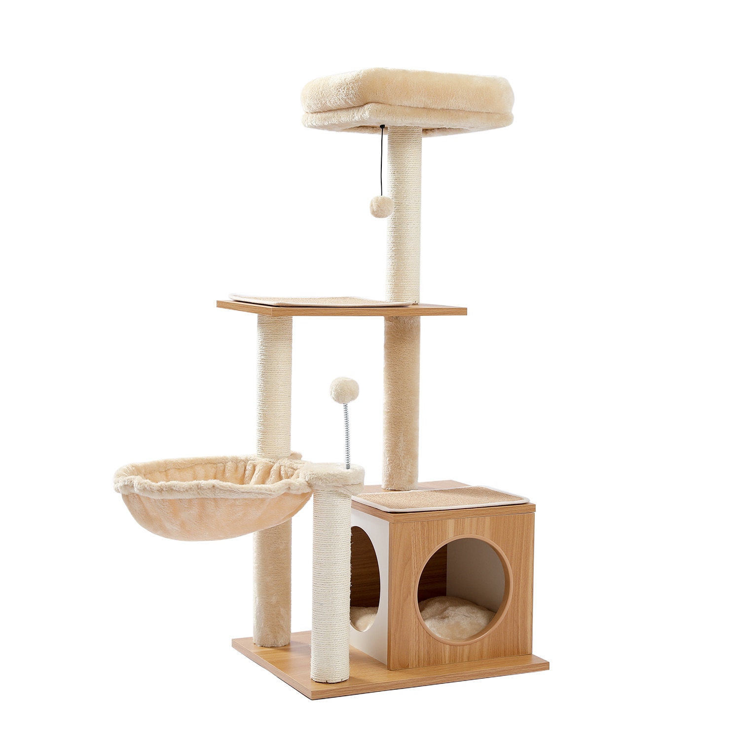 NEW Wood Cat Tree Multilevel Cat Towel with Sisal Scratching Posts Modern Rest House Condo Spacious Hammock Cozy Top Perch and B