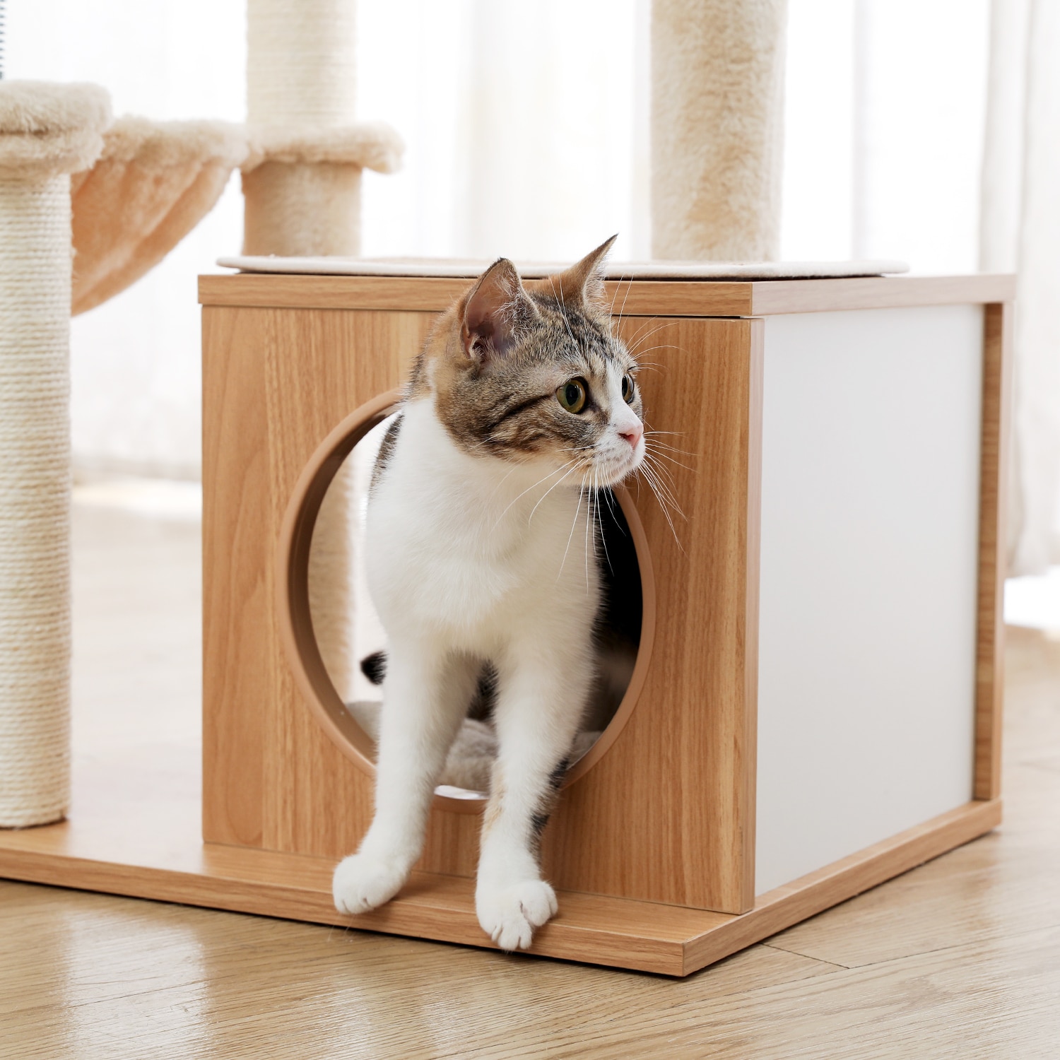 NEW Wood Cat Tree Multilevel Cat Towel with Sisal Scratching Posts Modern Rest House Condo Spacious Hammock Cozy Top Perch and B