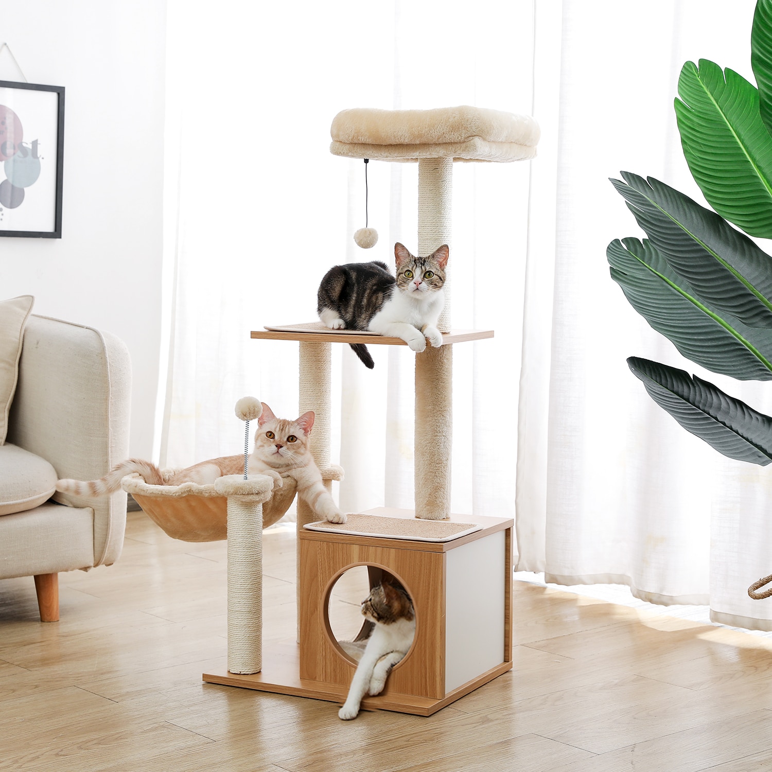 NEW Wood Cat Tree Multilevel Cat Towel with Sisal Scratching Posts Modern Rest House Condo Spacious Hammock Cozy Top Perch and B