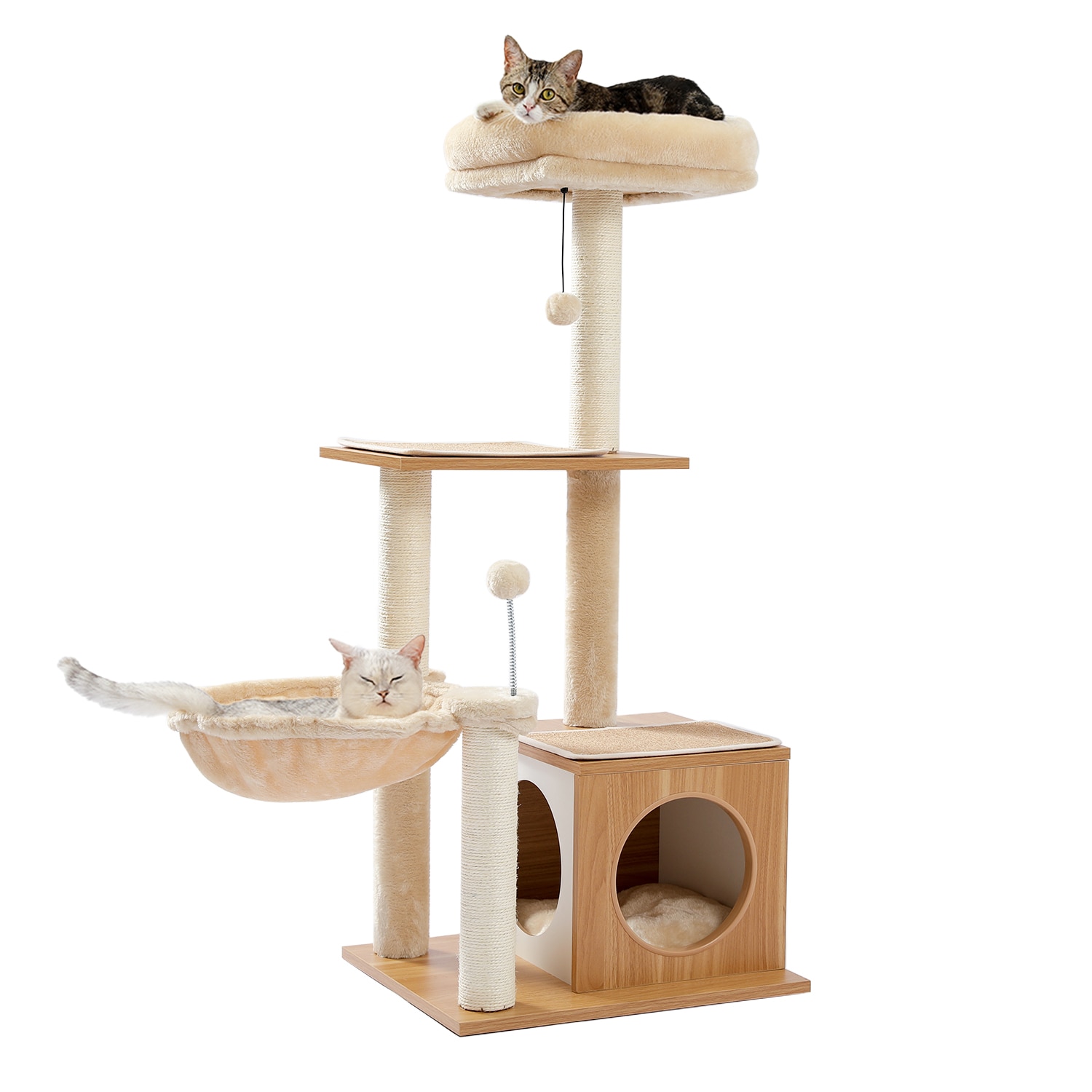 NEW Wood Cat Tree Multilevel Cat Towel with Sisal Scratching Posts Modern Rest House Condo Spacious Hammock Cozy Top Perch and B