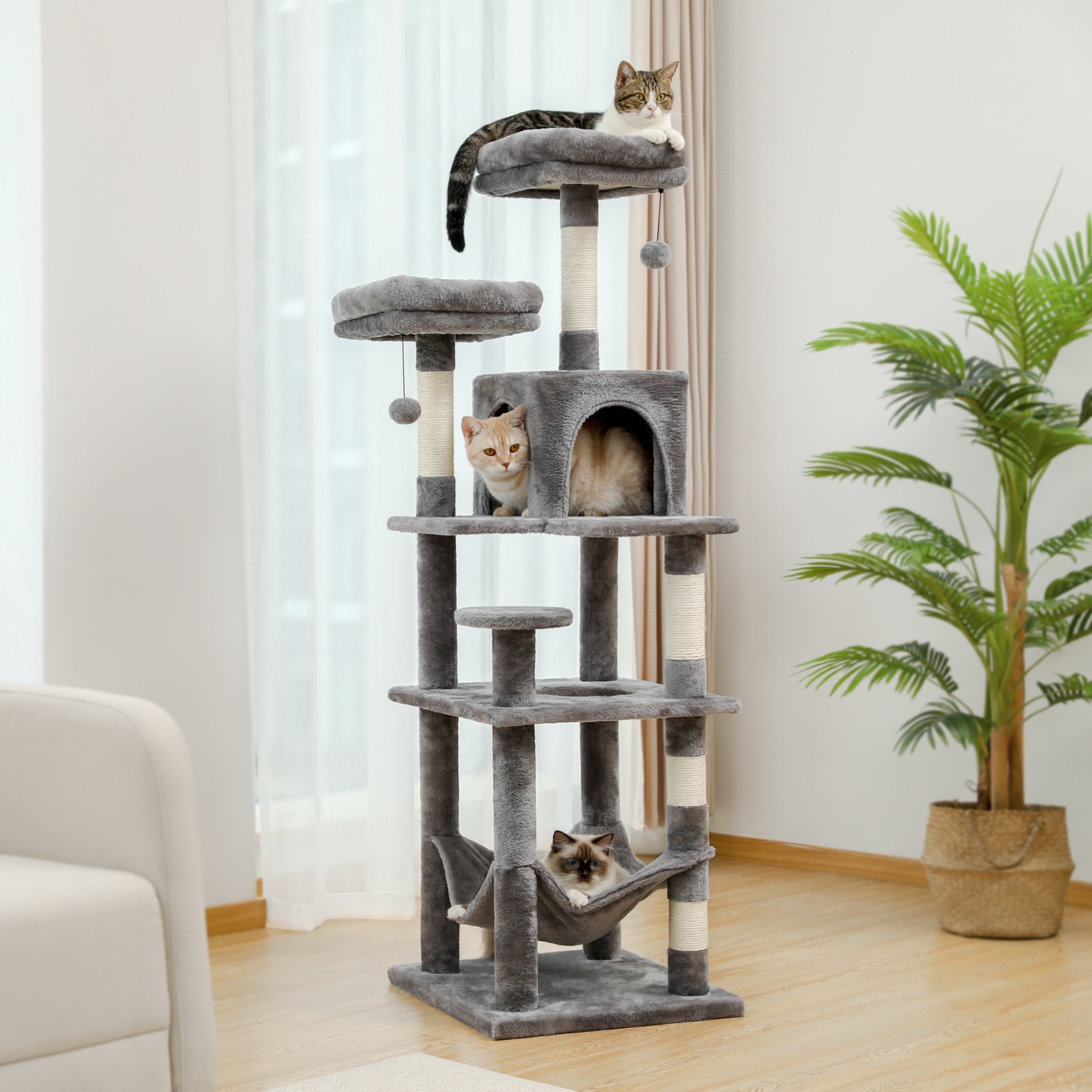 NEW Modern Cat Tree with Scratching Posts Cat Nest Multi-Level Tower Cat Condo Activity Jumping Platform Stable with 2 Balls