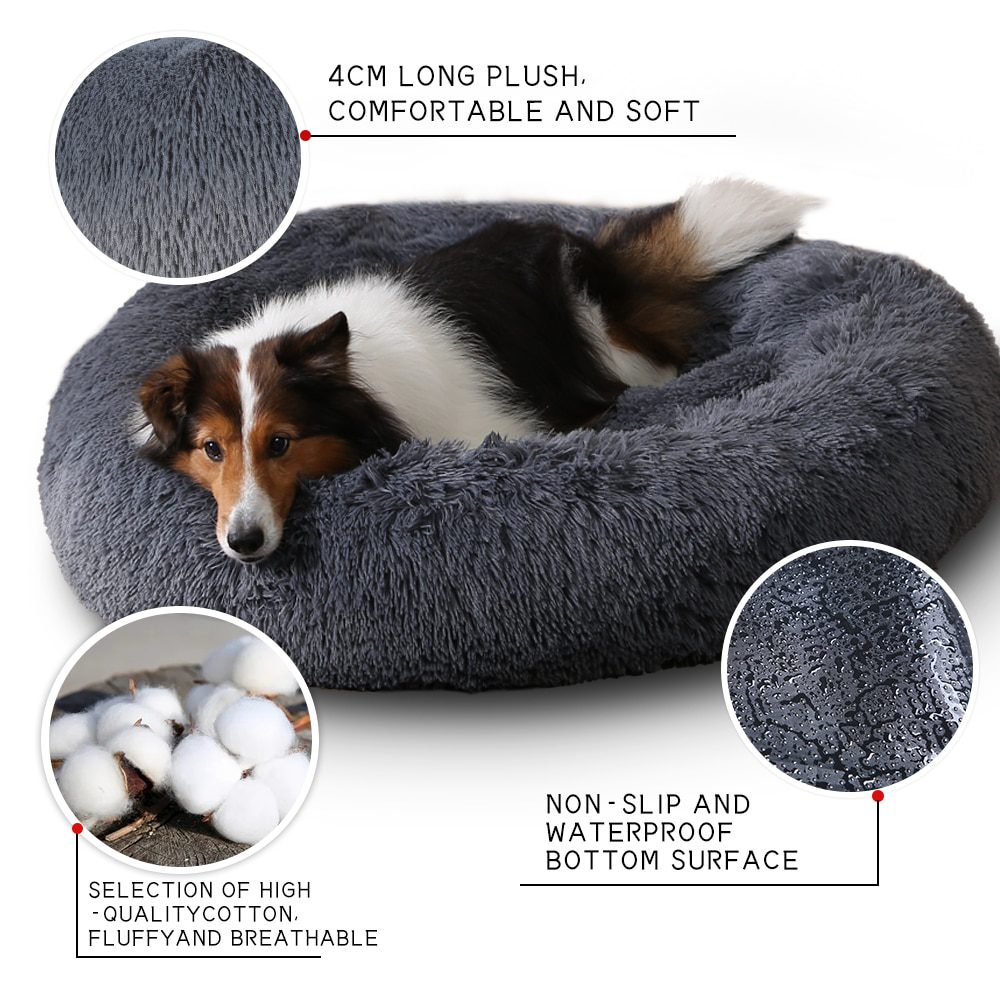 NEW Fluffy Donut Dog Bed Xxl Warm Soft Long Plush Pet Cushion Dog House Cat Bed Washable Pet Sofa Mat Calming Samll Large Dog B