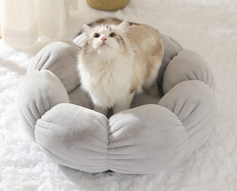 NEW Flower Shaped Cat Bed Indoor Cozy Pet Beds Ultra Soft Plush Dog Basket Sunbed Warm Self-Warming House Sleeping Bag Cushion M