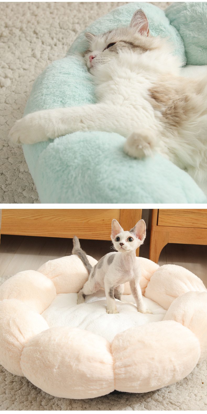 NEW Flower Shaped Cat Bed Indoor Cozy Pet Beds Ultra Soft Plush Dog Basket Sunbed Warm Self-Warming House Sleeping Bag Cushion M