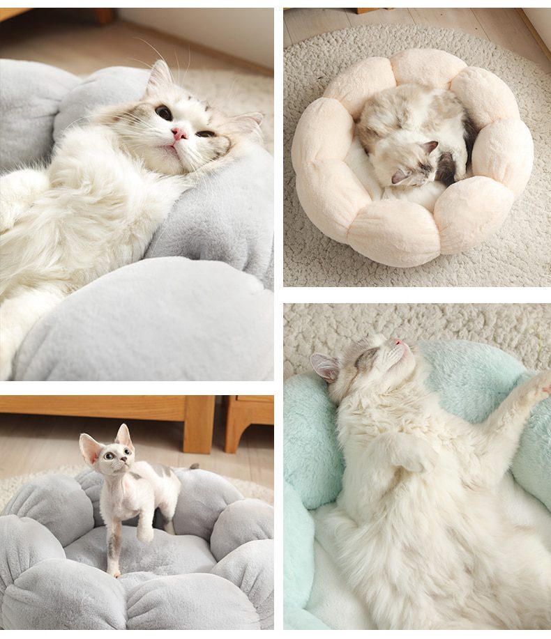 NEW Flower Shaped Cat Bed Indoor Cozy Pet Beds Ultra Soft Plush Dog Basket Sunbed Warm Self-Warming House Sleeping Bag Cushion M