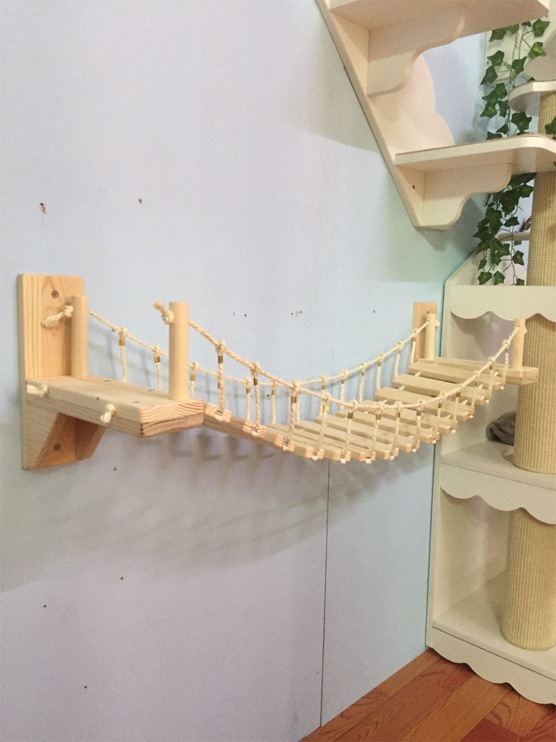 NEW 90cm Cat Bridge Climbing Frame Wood Pet Cat Tree House Bed Hammock Sisal Scratching Post Cat Furniture Cat Toy Wall Mounted