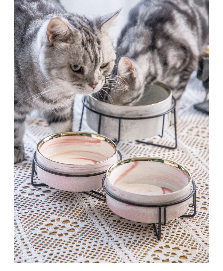 NEW Marble Ceramic Dog Bowl Cat Food and Water Bowls Dish with Wood Stand Heavy Weight Pet Feeder for Big Flat Faced Cats Puppy