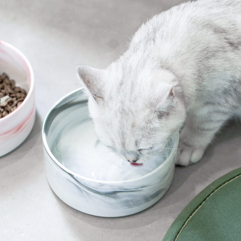 NEW Marble Ceramic Dog Bowl Cat Food and Water Bowls Dish with Wood Stand Heavy Weight Pet Feeder for Big Flat Faced Cats Puppy