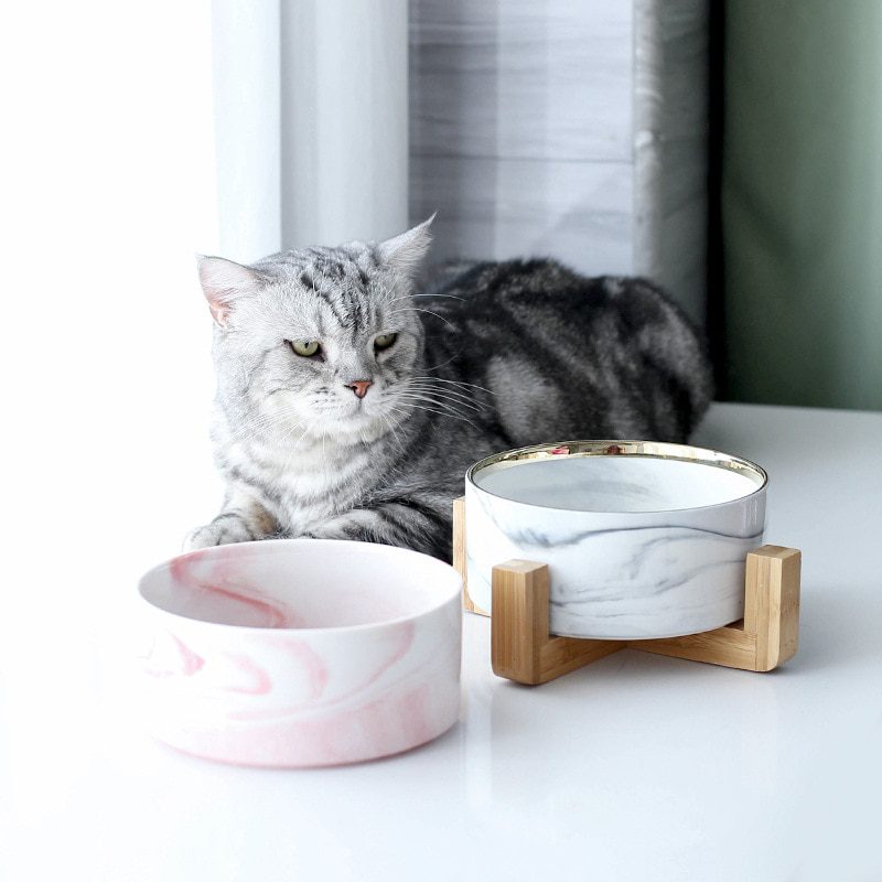 NEW Marble Ceramic Dog Bowl Cat Food and Water Bowls Dish with Wood Stand Heavy Weight Pet Feeder for Big Flat Faced Cats Puppy