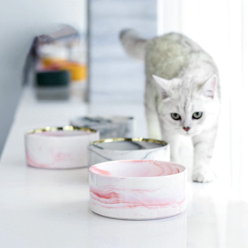 NEW Marble Ceramic Dog Bowl Cat Food and Water Bowls Dish with Wood Stand Heavy Weight Pet Feeder for Big Flat Faced Cats Puppy