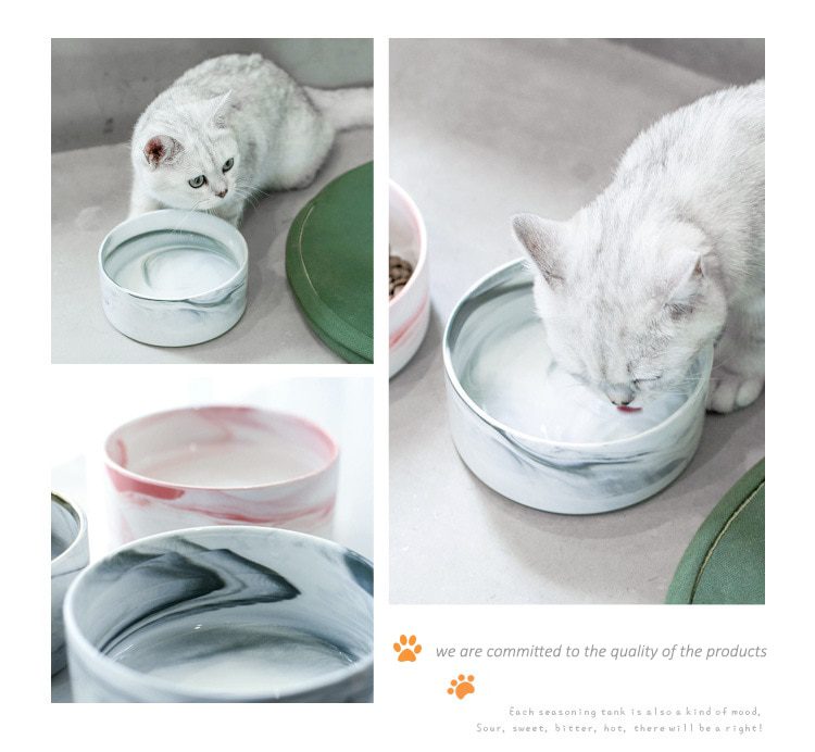 NEW Marble Ceramic Dog Bowl Cat Food and Water Bowls Dish with Wood Stand Heavy Weight Pet Feeder for Big Flat Faced Cats Puppy