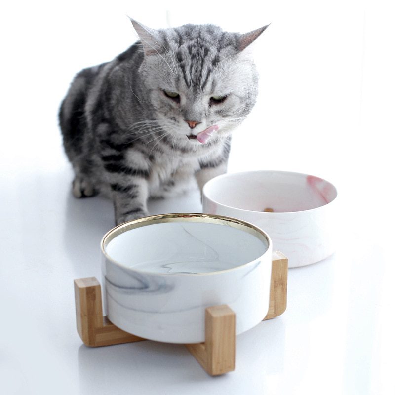 NEW Marble Ceramic Dog Bowl Cat Food and Water Bowls Dish with Wood Stand Heavy Weight Pet Feeder for Big Flat Faced Cats Puppy