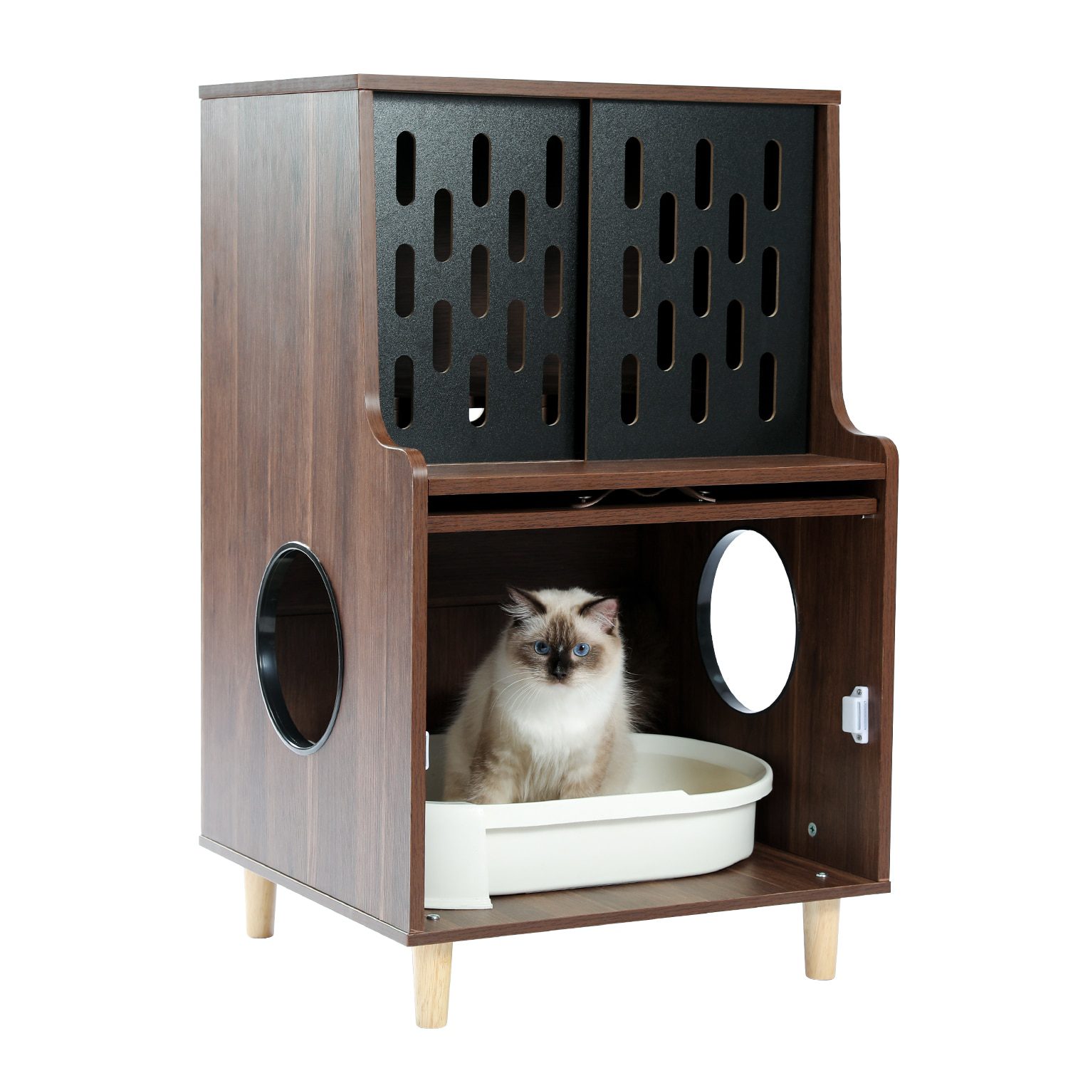 NEW Cat Litter Box Enclosure Cat House Side Table with Divider Cats Furniture Cabinet Sliding Door Pet Supply Storage Room Indoo