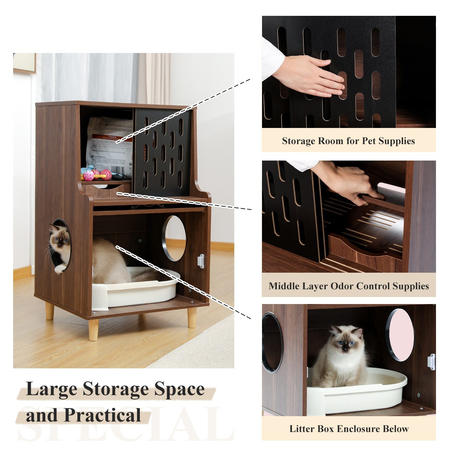 NEW Cat Litter Box Enclosure Cat House Side Table with Divider Cats Furniture Cabinet Sliding Door Pet Supply Storage Room Indoo