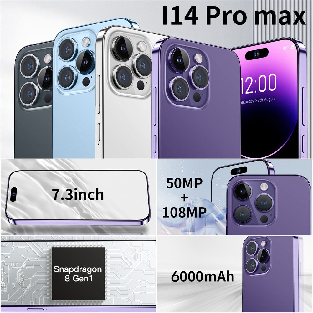 i14 Pro Max 7.3 inch Full Screen 4G 5G, 6000mAh Phones Global Version