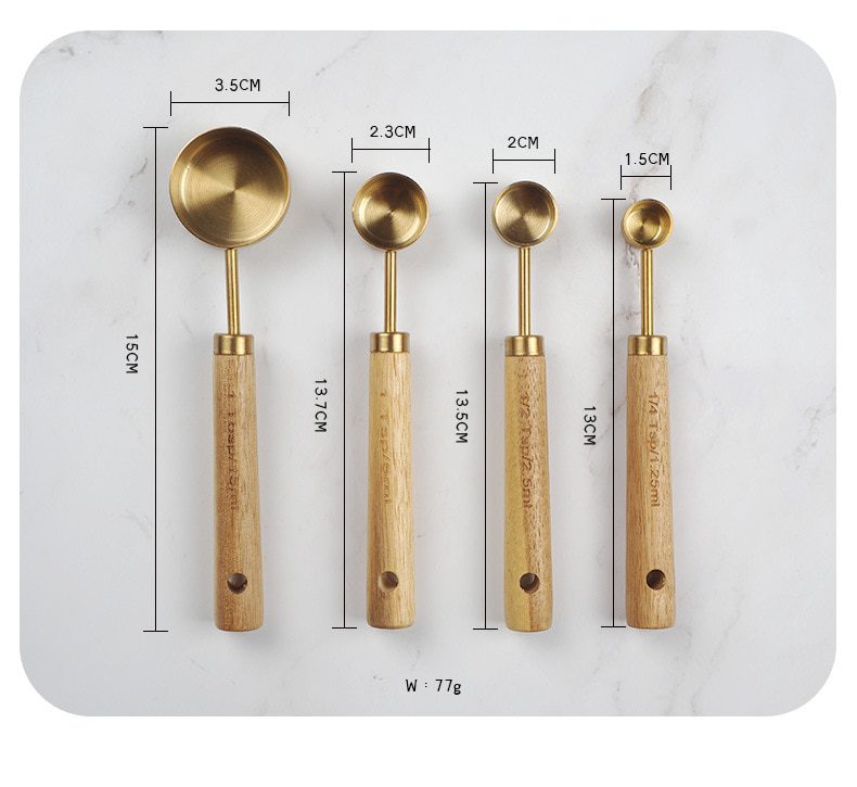 NEW Wooden Gold Measuring Cups And Spoons Stainless Steel Food Coffee Flour Scoop Kitchen Scale Baking Cooking Gadget Sets