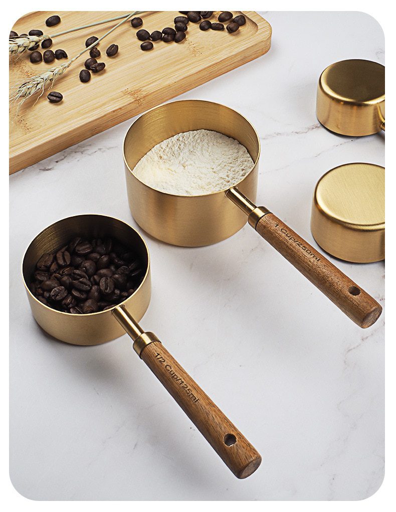 NEW Wooden Gold Measuring Cups And Spoons Stainless Steel Food Coffee Flour Scoop Kitchen Scale Baking Cooking Gadget Sets