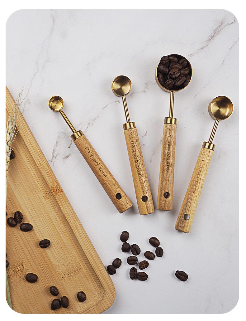 NEW Wooden Gold Measuring Cups And Spoons Stainless Steel Food Coffee Flour Scoop Kitchen Scale Baking Cooking Gadget Sets