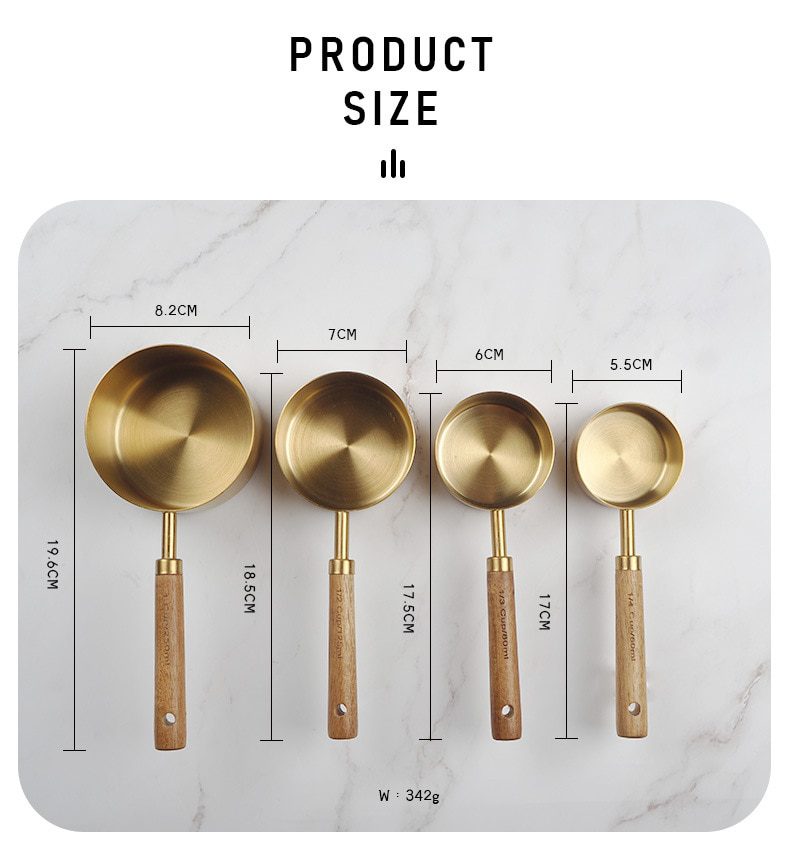 NEW Wooden Gold Measuring Cups And Spoons Stainless Steel Food Coffee Flour Scoop Kitchen Scale Baking Cooking Gadget Sets