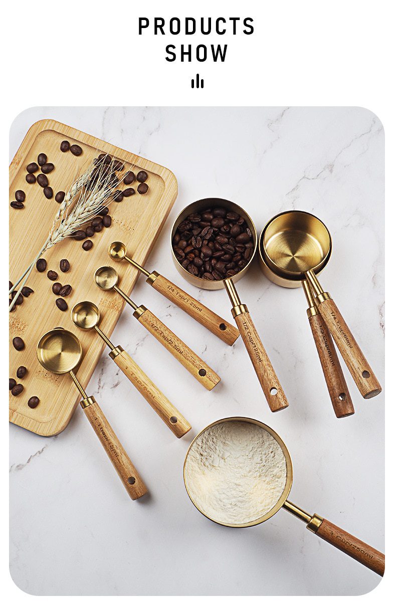 NEW Wooden Gold Measuring Cups And Spoons Stainless Steel Food Coffee Flour Scoop Kitchen Scale Baking Cooking Gadget Sets