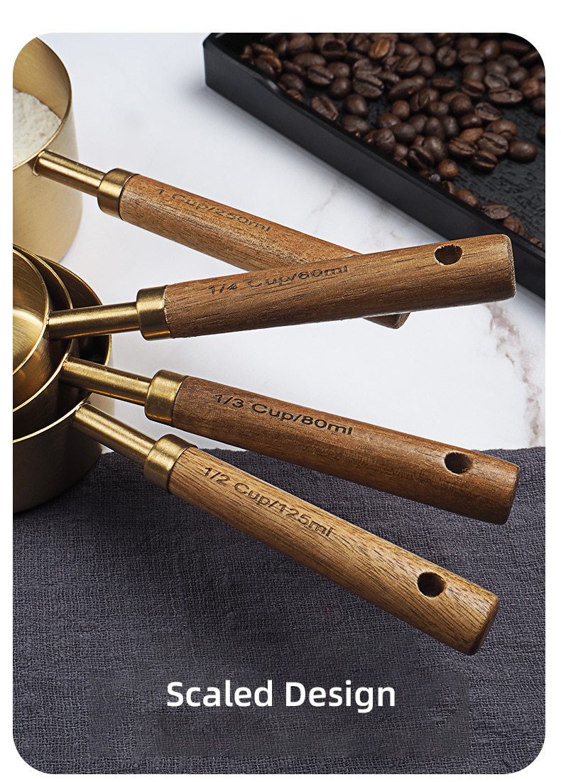 NEW Wooden Gold Measuring Cups And Spoons Stainless Steel Food Coffee Flour Scoop Kitchen Scale Baking Cooking Gadget Sets