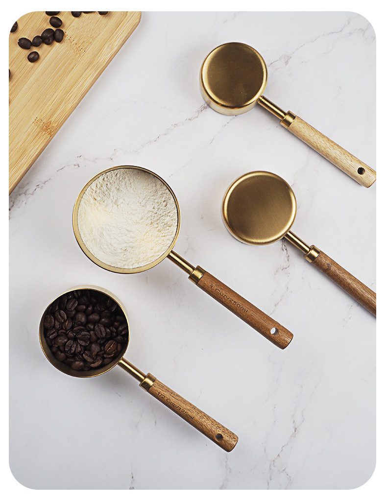 NEW Wooden Gold Measuring Cups And Spoons Stainless Steel Food Coffee Flour Scoop Kitchen Scale Baking Cooking Gadget Sets