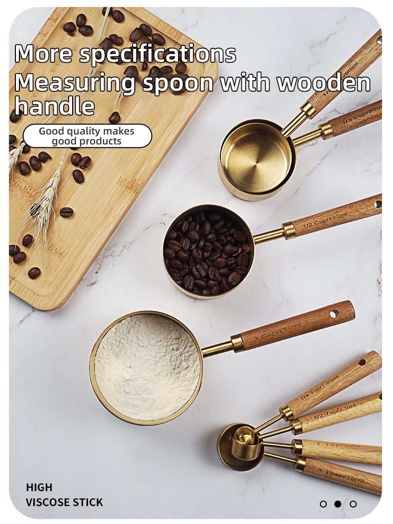 NEW Wooden Gold Measuring Cups And Spoons Stainless Steel Food Coffee Flour Scoop Kitchen Scale Baking Cooking Gadget Sets