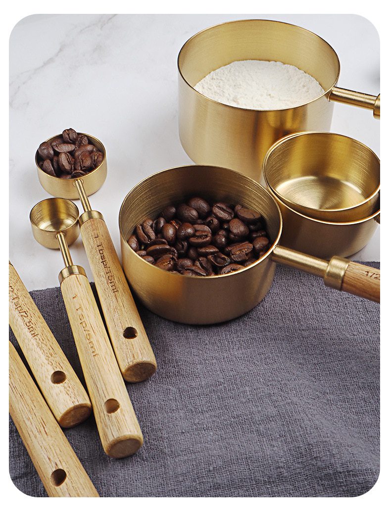 NEW Wooden Gold Measuring Cups And Spoons Stainless Steel Food Coffee Flour Scoop Kitchen Scale Baking Cooking Gadget Sets