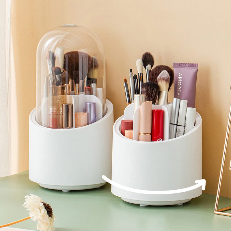 NEW Dust-proof Make Up Brush Holder 360 Rotating Desktop Brushes Organizer Makeup Lid Jar Pot Bathroom Storage Organization Home