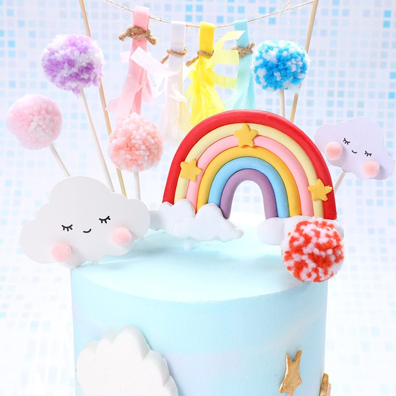 NEW Polymer Clay Rainbow Cute Smile Cloud Star Theme Cake Topper Beautiful Cotton Balls Kids Favors Party Supplies Cake Decorati