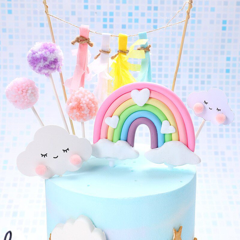 NEW Polymer Clay Rainbow Cute Smile Cloud Star Theme Cake Topper Beautiful Cotton Balls Kids Favors Party Supplies Cake Decorati