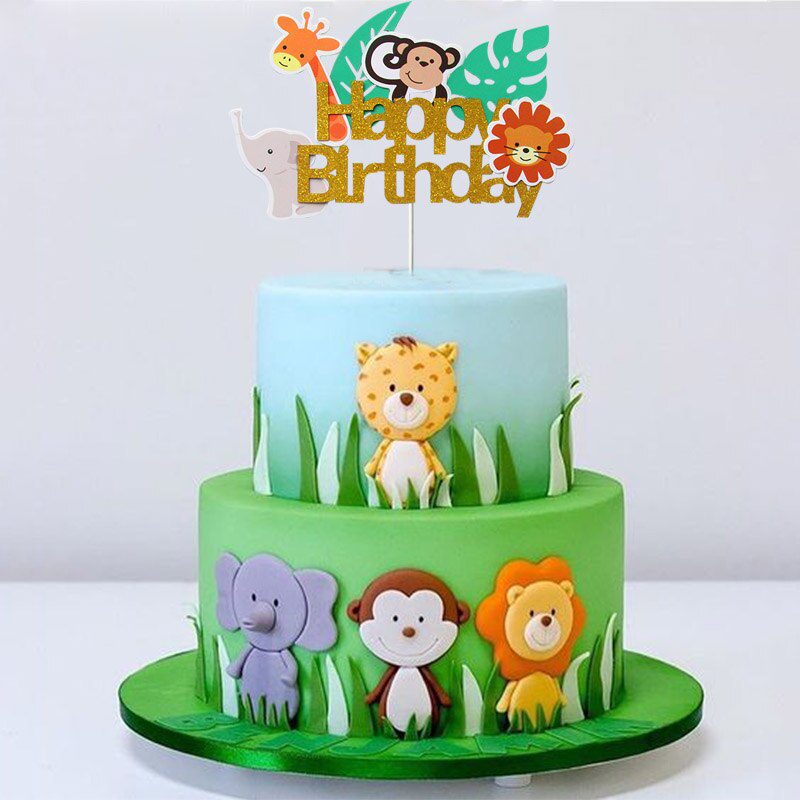 NEW Wild Jungle Party Cake Topper Kids Happy Birthday  Animal Cake Flag Boy Birthday Party Decoration Children Forest Party Supp