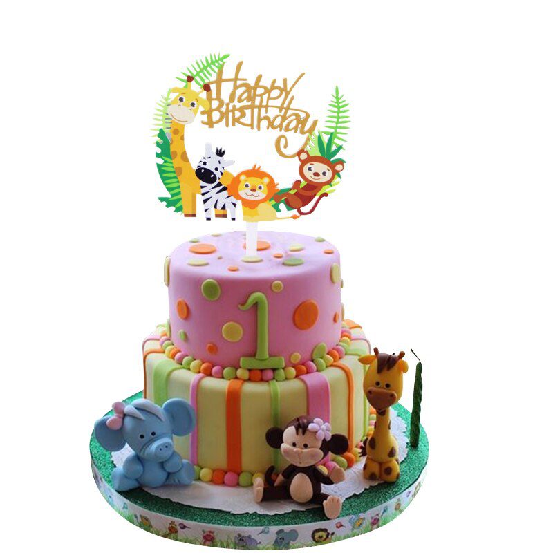 NEW Wild Jungle Party Cake Topper Kids Happy Birthday  Animal Cake Flag Boy Birthday Party Decoration Children Forest Party Supp