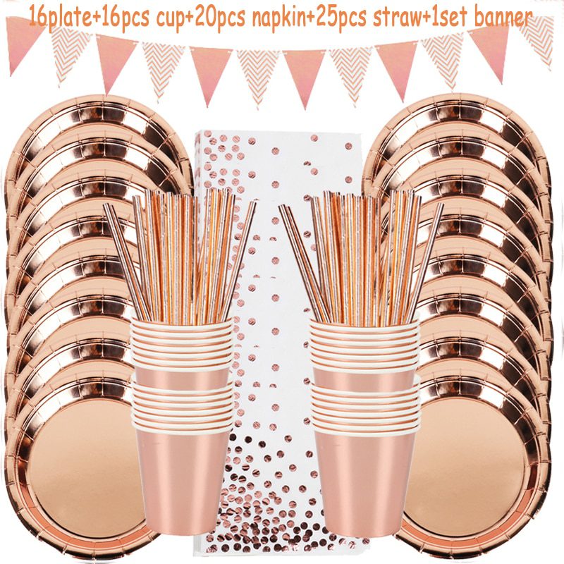 NEW Rose Gold Birthday Decorations Disposable Tableware Set Paper Cup Adult Wedding Birthday Party Decorations Kids Babyshower G
