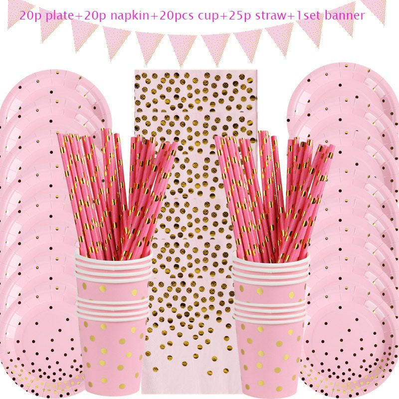 NEW Rose Gold Birthday Decorations Disposable Tableware Set Paper Cup Adult Wedding Birthday Party Decorations Kids Babyshower G