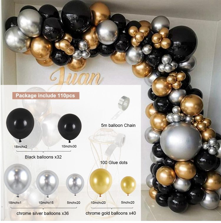 NEW Black Gold Balloon Garland Arch Confetti Latex Baloons Graduation Happy 30th 40th 50th Birthday Party Decor Adults Baby Show