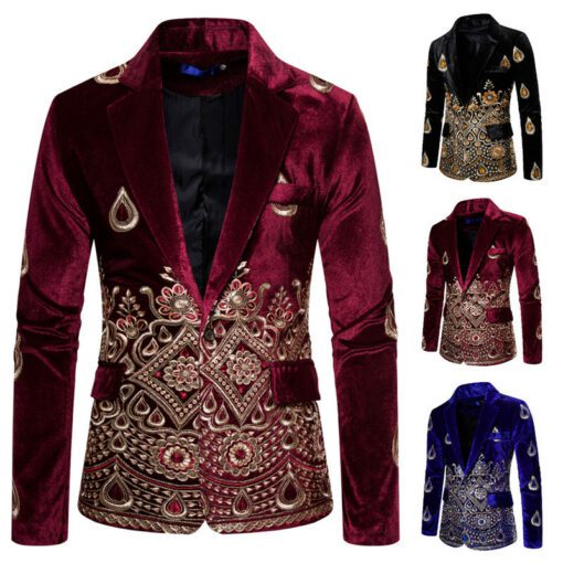 Embroidery Wedding  Luxury Style Wine Velvet Formal Slim Fit Single Button Blazer - Image 2