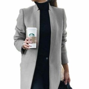 Elegant Long Solid Color Jackets Stand Up Collar Woolen - Image 6