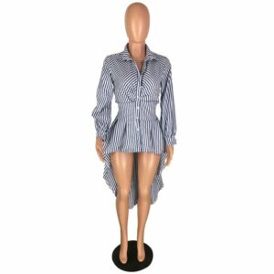 Buttoned Turn Down Striped Long Sleeve Asymmetrical Blouses - Image 3