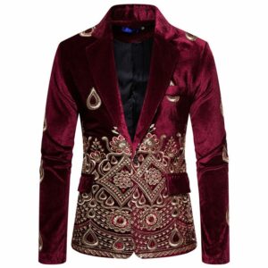 Embroidery Wedding  Luxury Style Wine Velvet Formal Slim Fit Single Button Blazer - Image 4