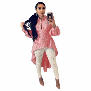 Buttoned Turn Down Striped Long Sleeve Asymmetrical Blouses - Image 6